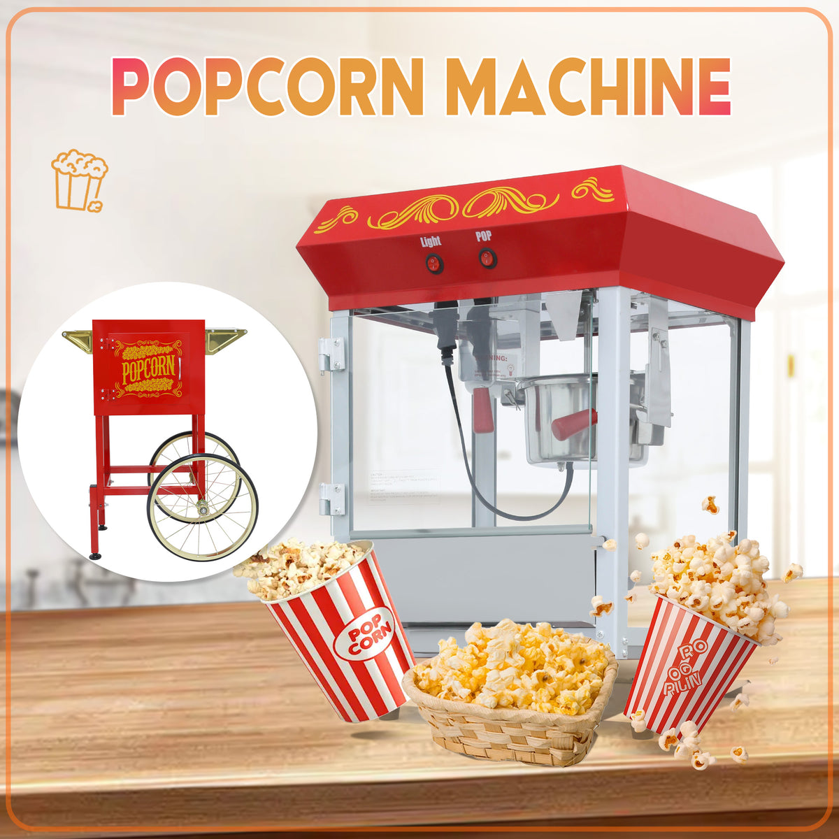 Lposuu Vintage 8 Oz. Red 53.94 Inches Tall Professional Popcorn Machine