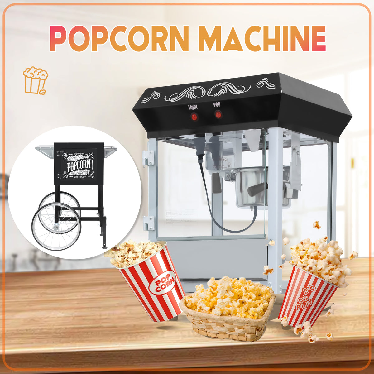 Lposuu Vintage 8 Oz. Black  53.94 Inches Tall Professional Popcorn Machine