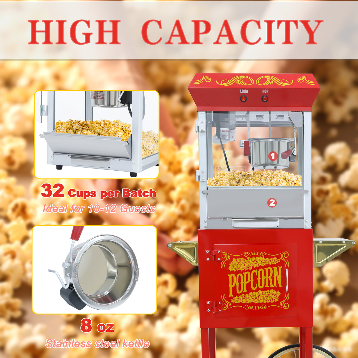 Lposuu Vintage 8 Oz. Red 53.94 Inches Tall Professional Popcorn Machine