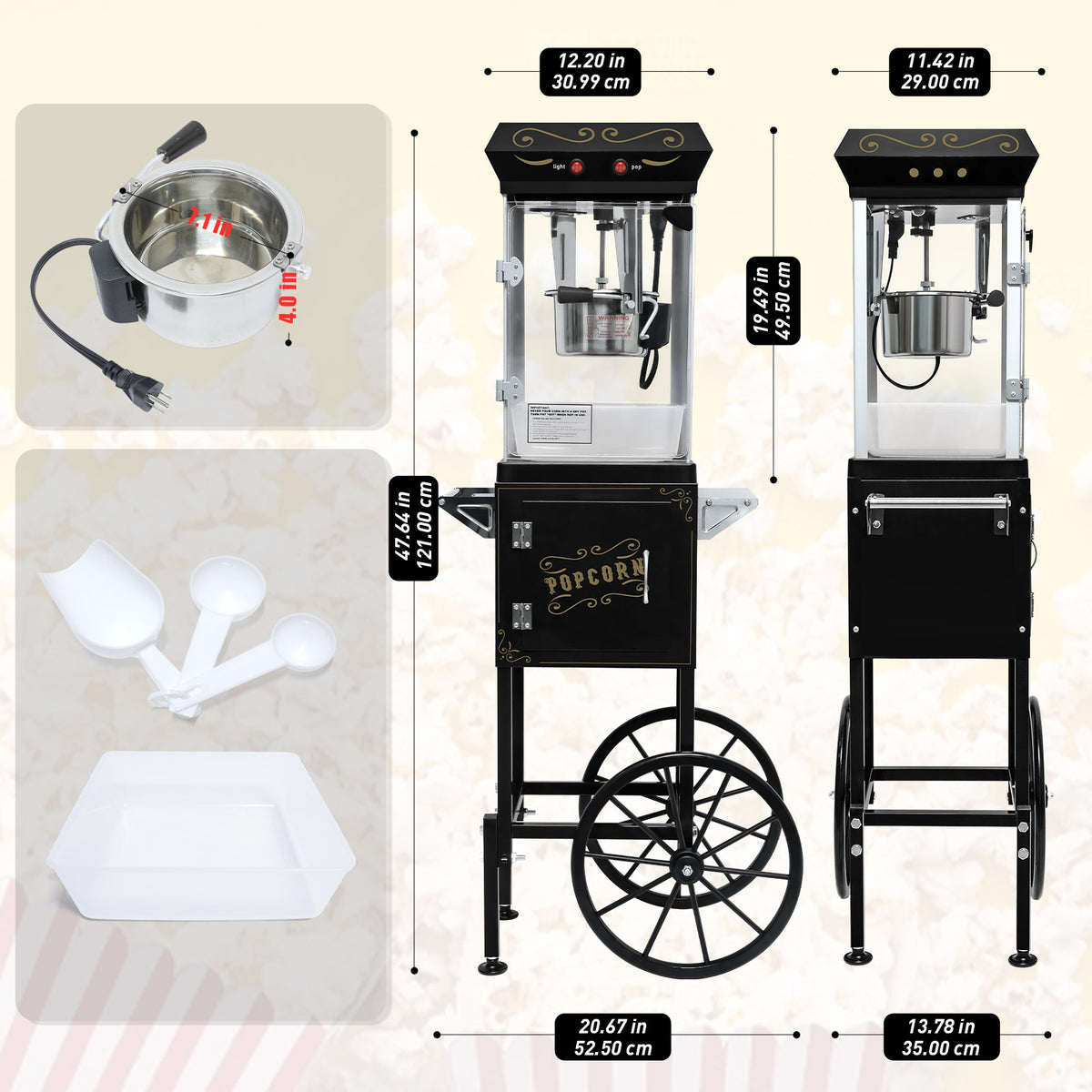Lposuu 8 Oz. Black 47.64 Inches Tall Professional Popcorn Machine