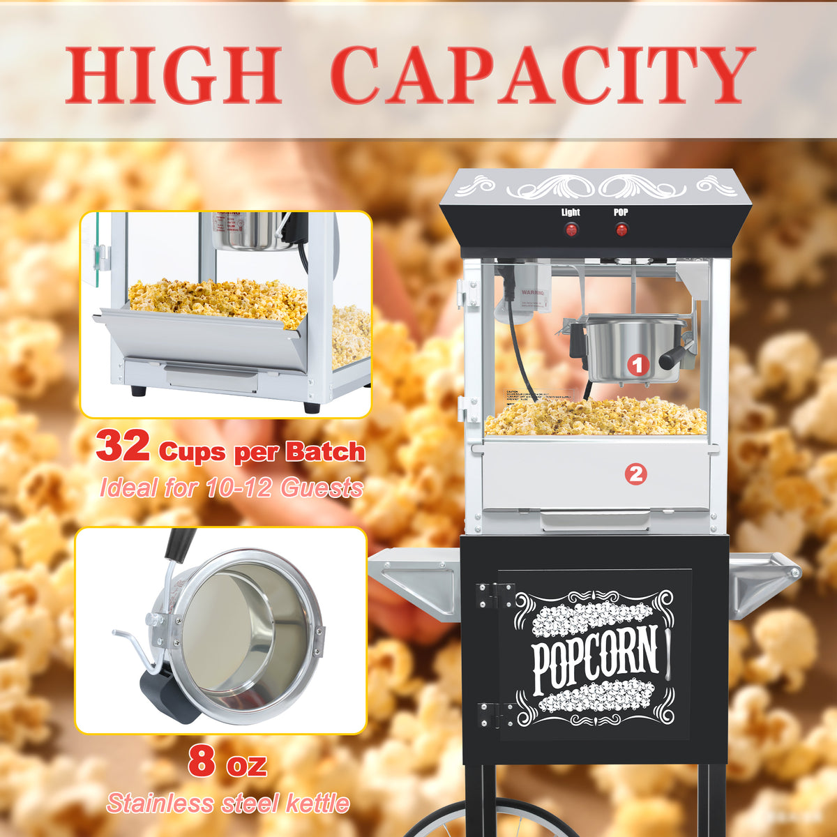 Lposuu Vintage 8 Oz. Black  53.94 Inches Tall Professional Popcorn Machine