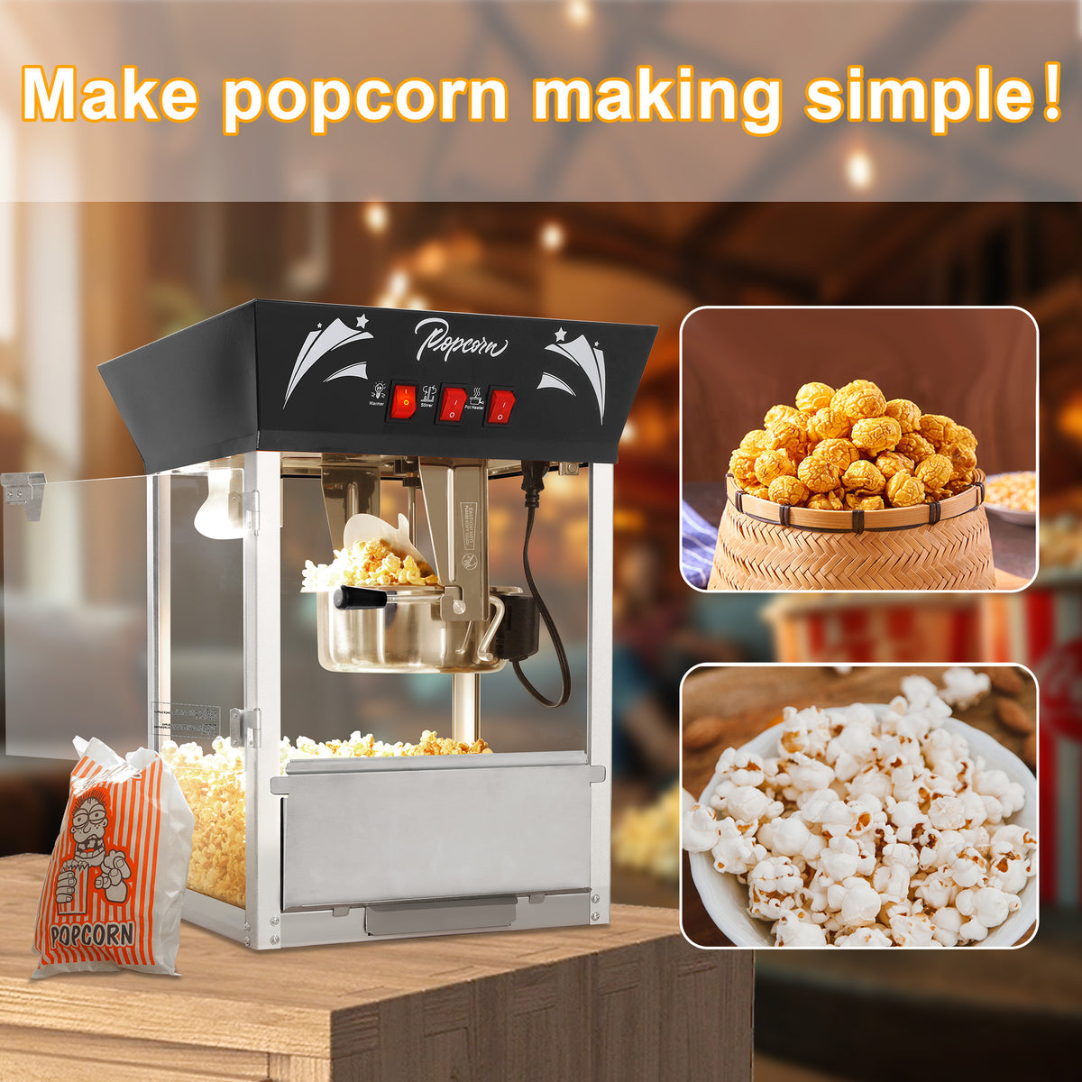 Lposuu Vintage 12 Oz. Black 23.03 Inches Tall Professional Popcorn Machine