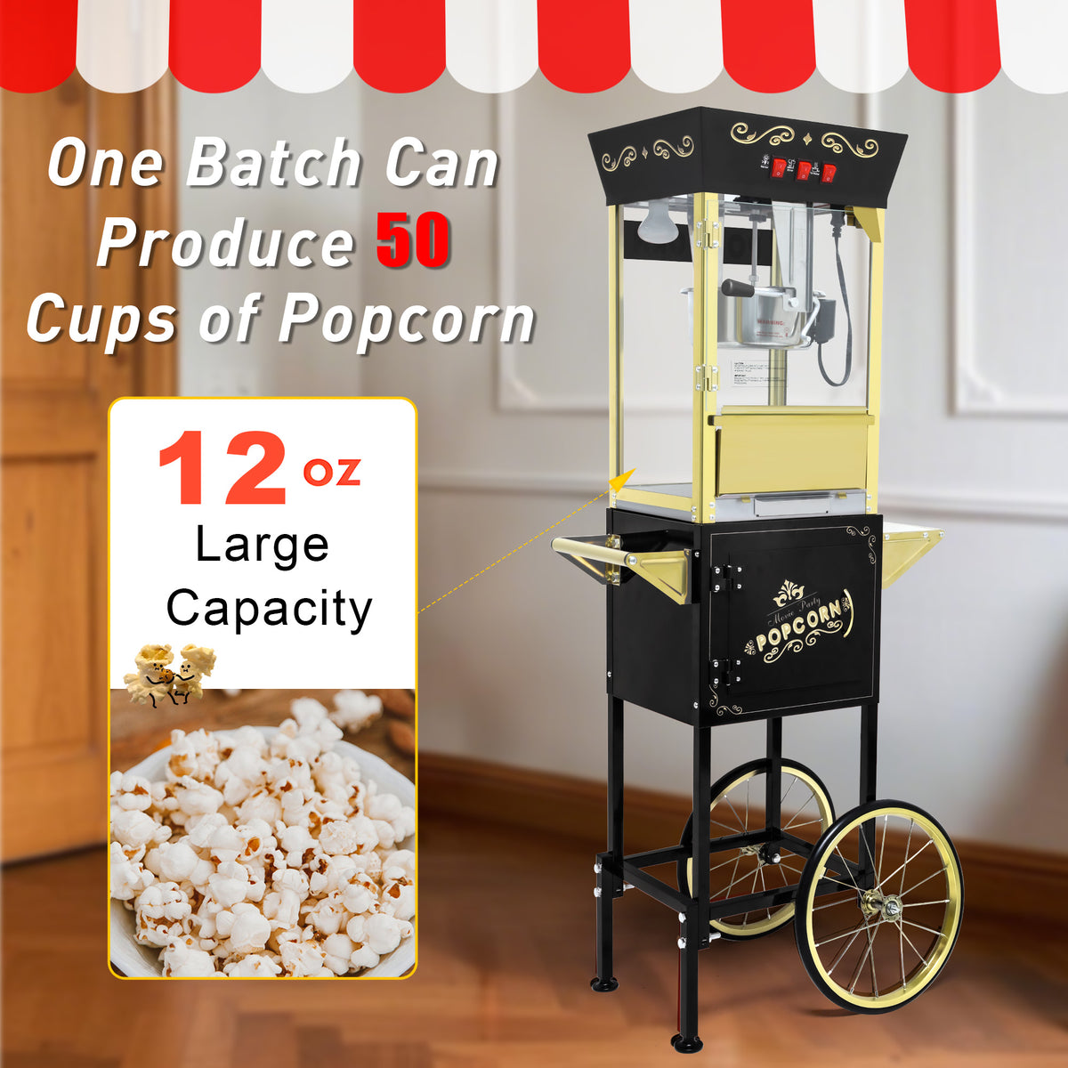 Lposuu Vintage 12 Oz. Black 54.13 Inches Tall Professional Popcorn Machine