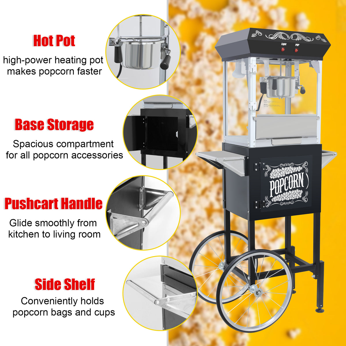 Lposuu Vintage 8 Oz. Black  53.94 Inches Tall Professional Popcorn Machine