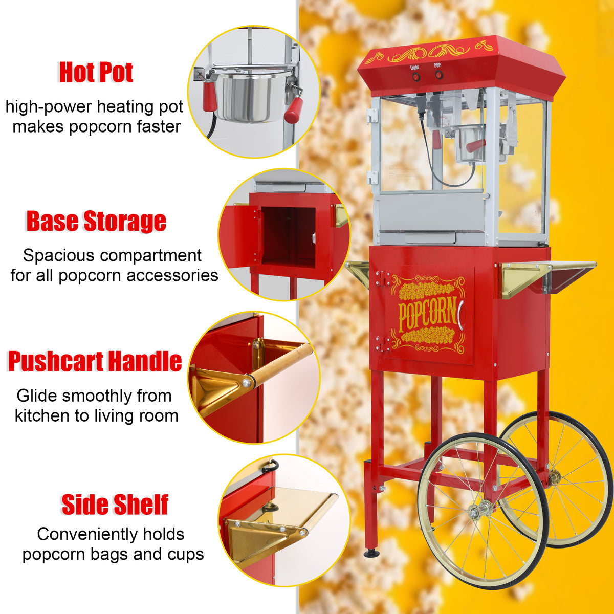 Lposuu Vintage 8 Oz. Red 53.94 Inches Tall Professional Popcorn Machine