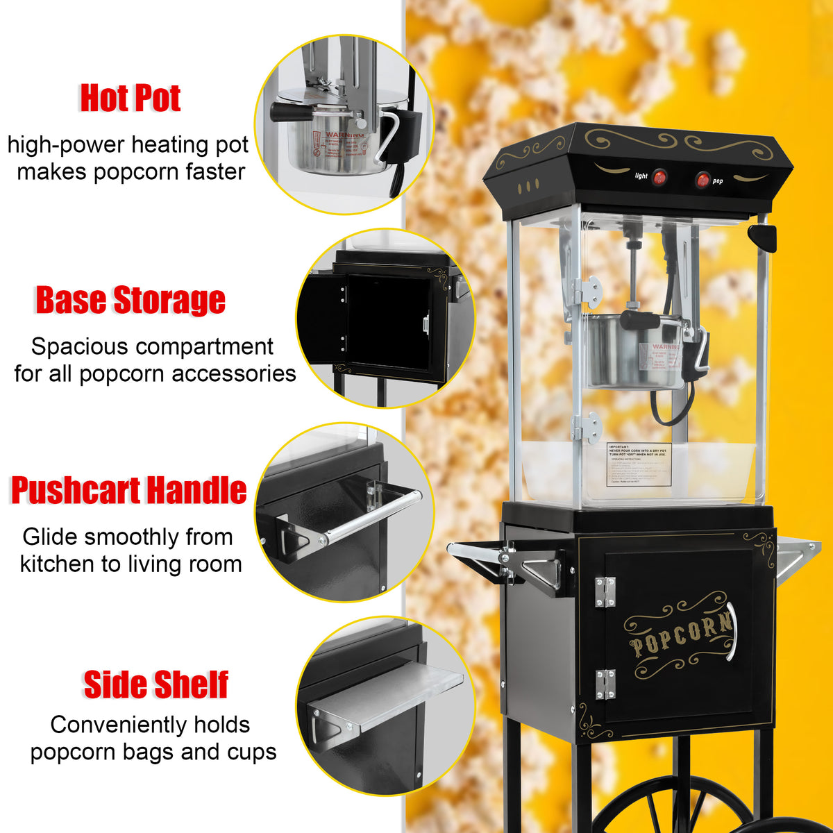 Lposuu 8 Oz. Black 47.64 Inches Tall Professional Popcorn Machine