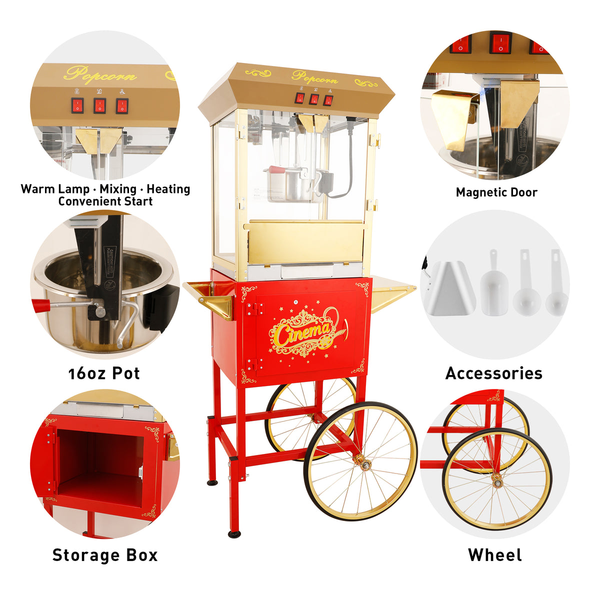 Lposuu 16 Oz. Red 58.8 Inches Tall Professional Popcorn Machine
