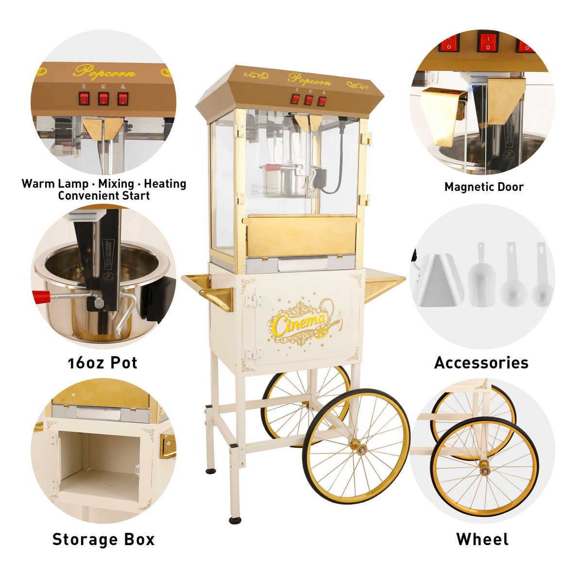 Lposuu 16Oz. White 58.8 Inches Tall Professional Popcorn Machine