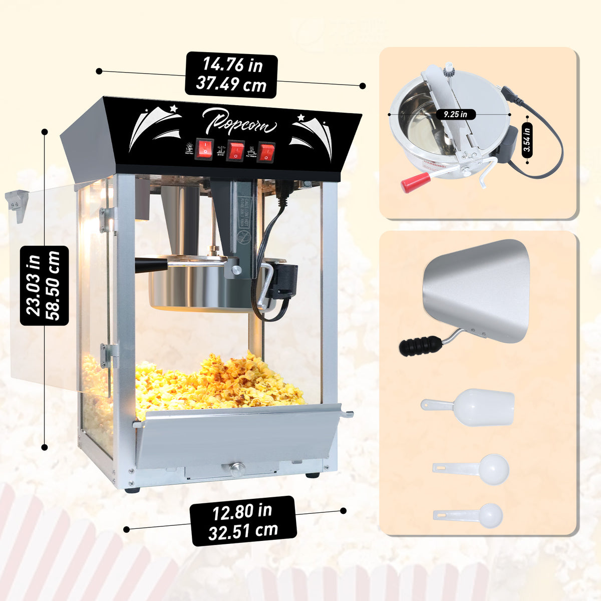 Lposuu Vintage 12 Oz. Black 23.03 Inches Tall Professional Popcorn Machine