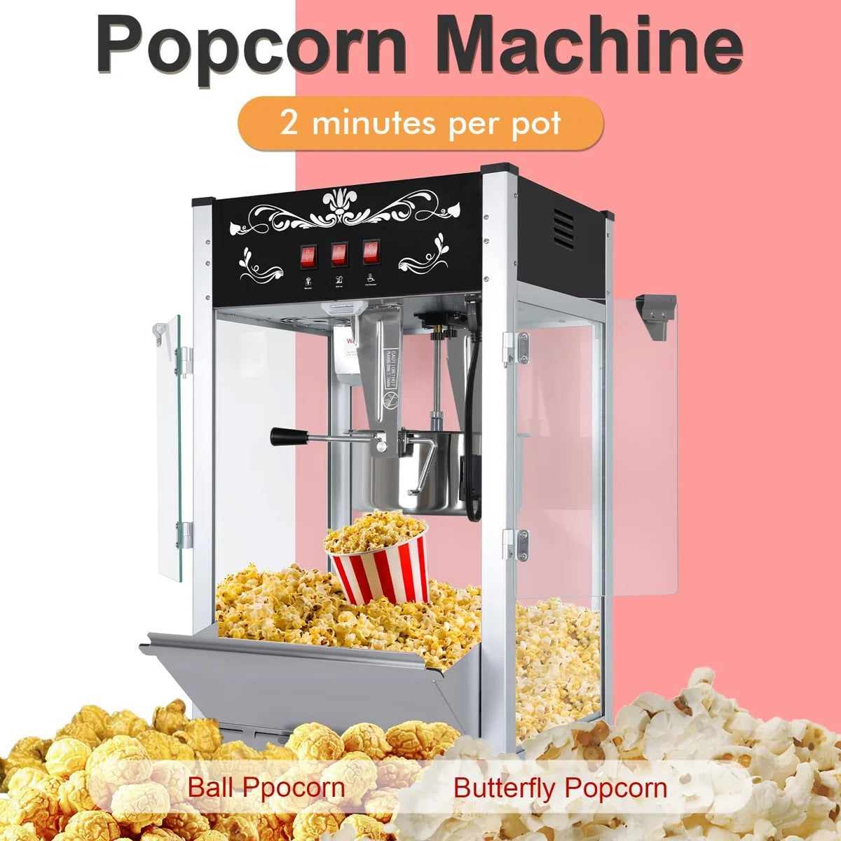 Lposuu Vintage 16 Oz. Black 29.5 Inches Tall Professional Popcorn Machine